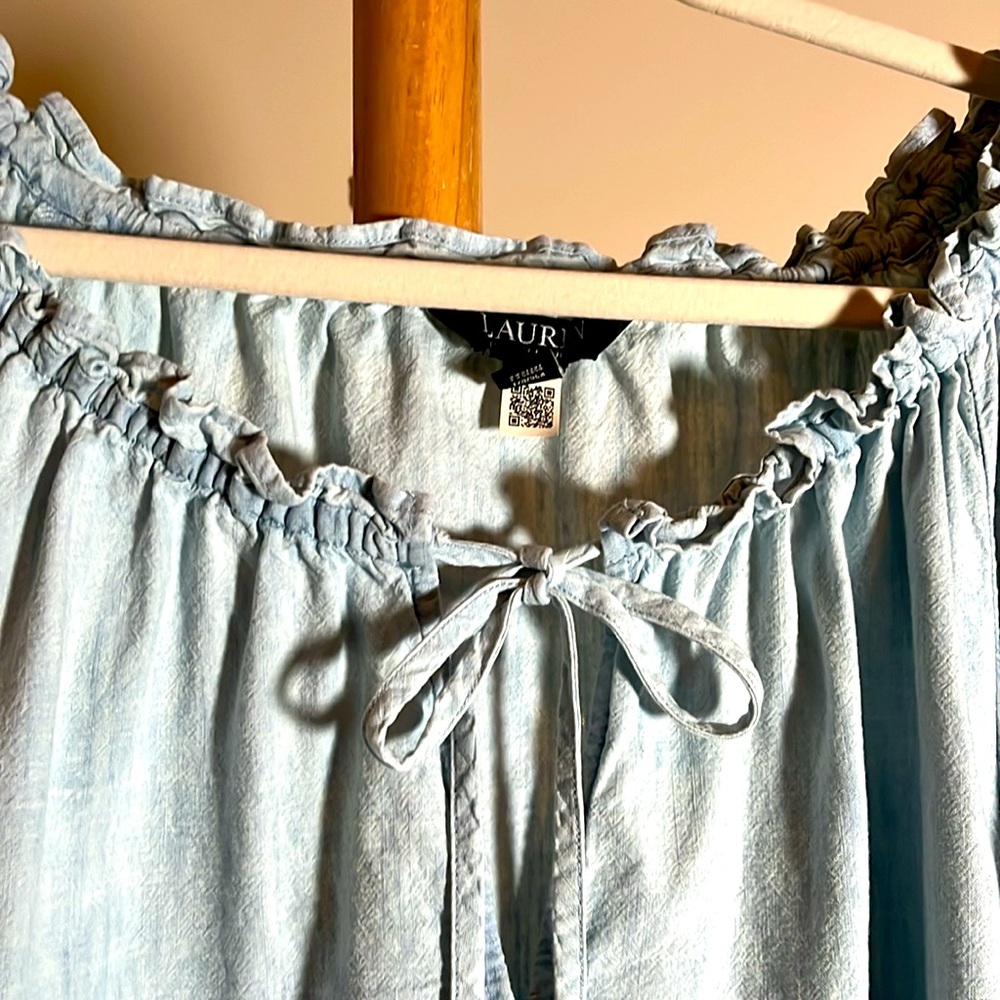 💙Lauren Ralph Lauren Black Label L Denim blue tunic,drawstring collar,lace trim. - Picture 4 of 6